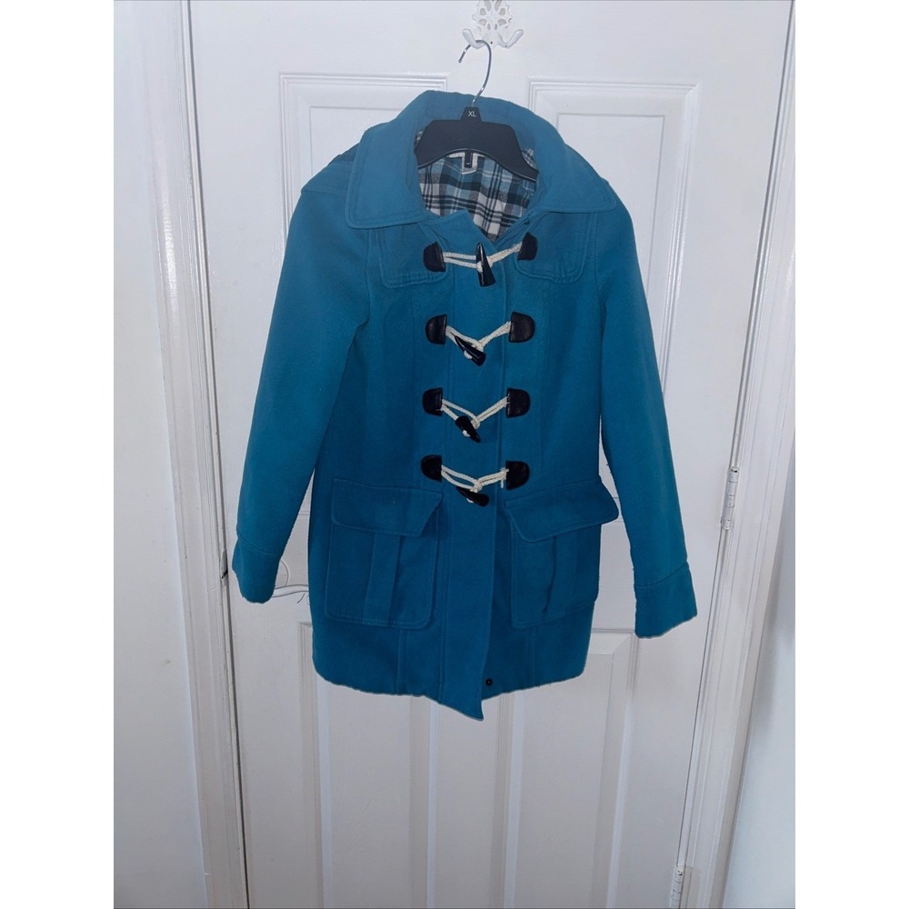 Forever 21 Teal Blue Toggle Duffle Coat Hooded Plaid Lined Jacket Size 6 Medium